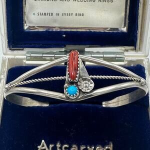Native American Navajo 925 sterling silver genuine coral turquoise cuff bracelet